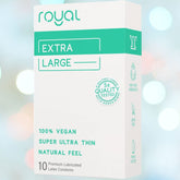 A white and green box labeled "Royal Extra Large Ultra Thin Vegan Condoms" by Royal contains 10 premium vegan condoms that are extra-large and lubricated. The packaging highlights "100% Vegan," "Super Ultra Thin," and "Natural Feel," along with additional features such as "5x Quality Tested," "Non-Toxic Ingredients," and "Odor Free.